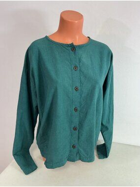 Green Linen Shirt Button Front Made USA Womens Large